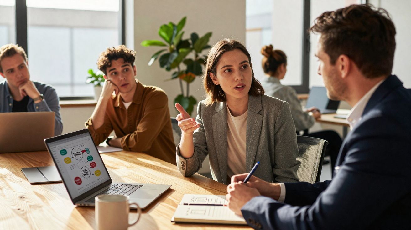Grupo de pessoas conversando em reunião de trabalho com laptop e anotações sobre mesa.