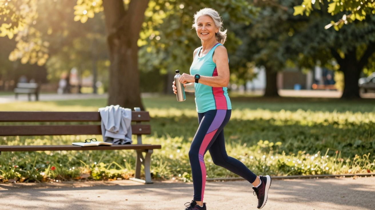 Mulher sorridente com roupas esportivas caminhando em parque durante o dia segurando uma garrafa.
