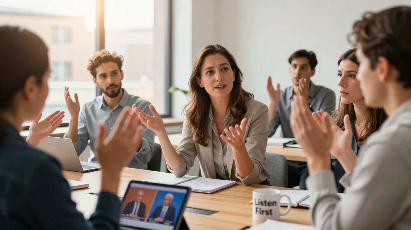 Grupo de pessoas em reunião de trabalho com discussões e aplausos em mesa de escritório.