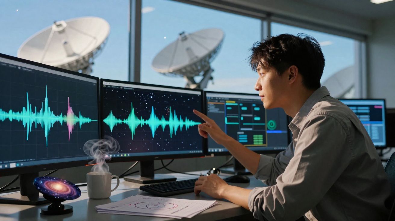 Homem analisando gráficos de ondas sonoras em monitores com antenas parabólicas ao fundo.