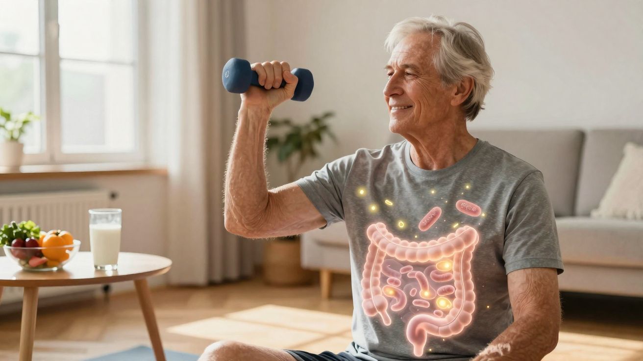 Homem idoso sorrindo exercitando o braço com haltere, com ilustração do intestino na camiseta.