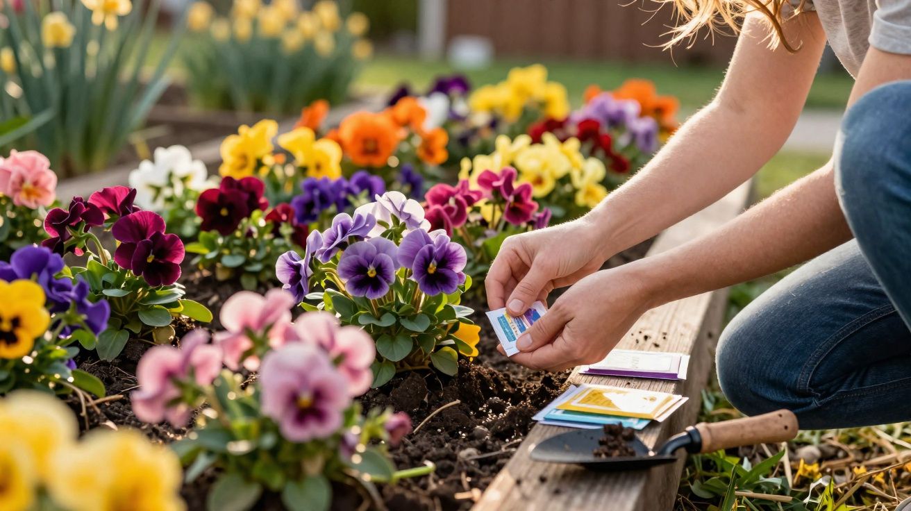 Pessoa plantando sementes coloridas em canteiro de flores no jardim ensolarado.