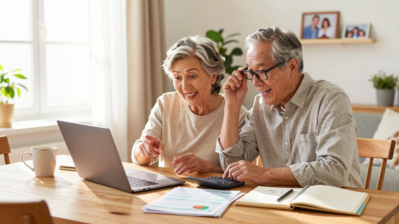 Casal idoso feliz usando laptop para organizar finanças em mesa com documentos e xícara em ambiente doméstico.