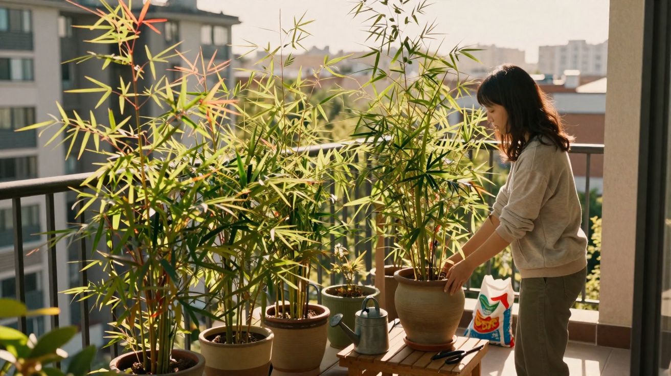 Mulher cuidando de plantas em vasos no varal de apartamento em dia ensolarado.