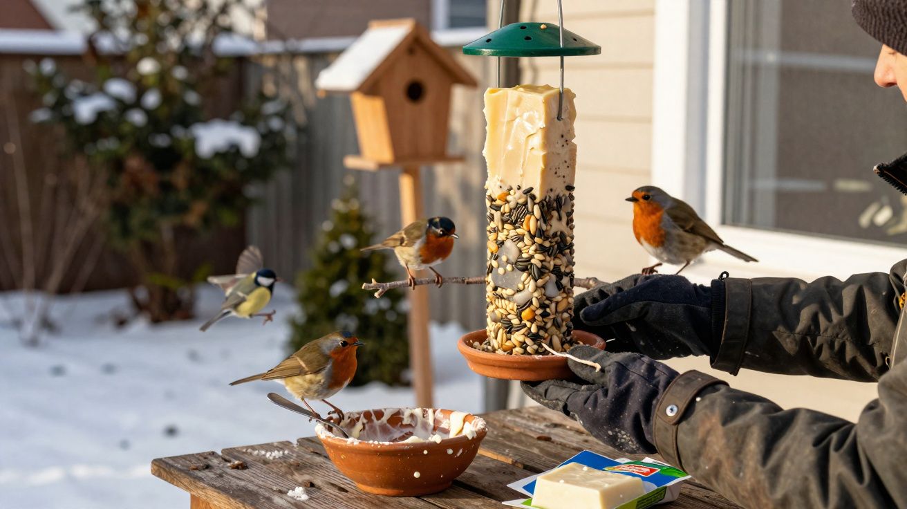 Pessoa alimenta pássaros vermelhos e pretos com sementes durante inverno com neve no quintal.