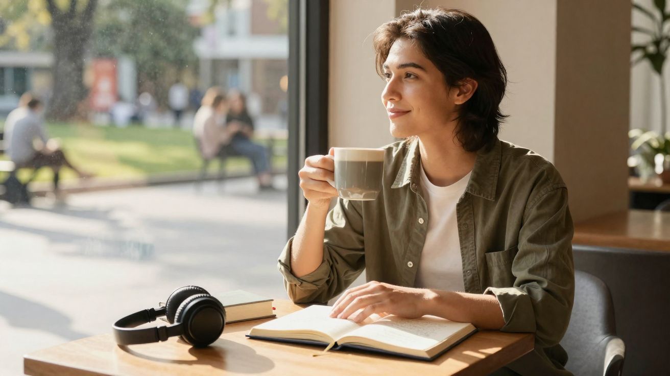 Pessoa sentada à mesa tomando café e lendo livro ao lado de fones de ouvido e janela com vista para parque.