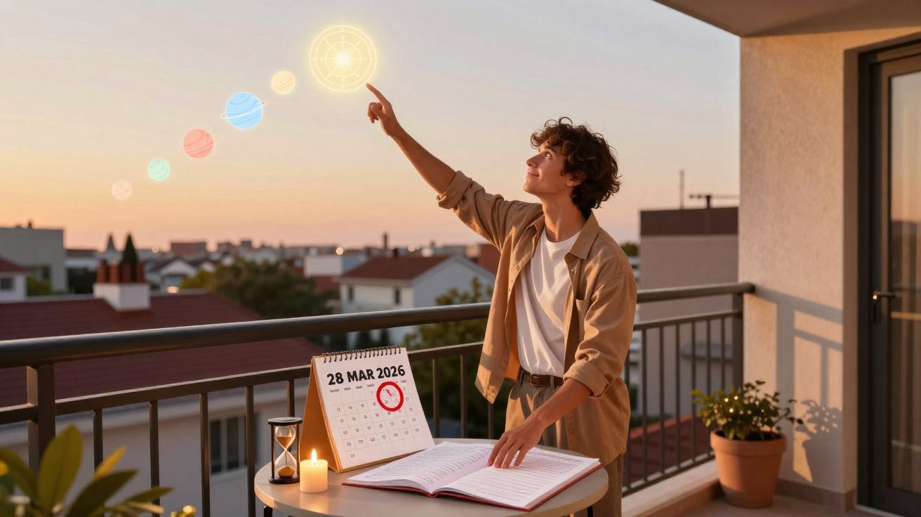 Jovem tocando projeção digital do sistema solar no terraço ao pôr do sol, com livro e calendário à mesa.