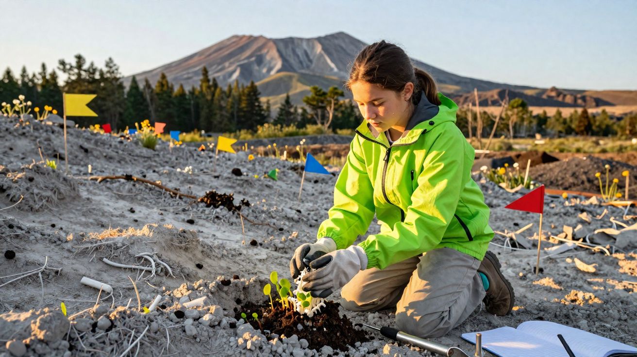 Jovem de jaqueta verde planta mudas em solo rochoso com bandeiras coloridas e montanhas ao fundo.