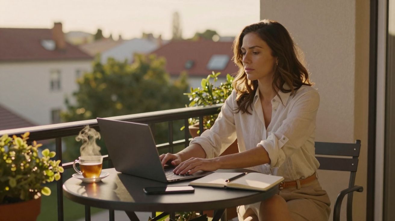 Mulher trabalhando em laptop na varanda ao amanhecer com chá quente ao lado, cercada por plantas.