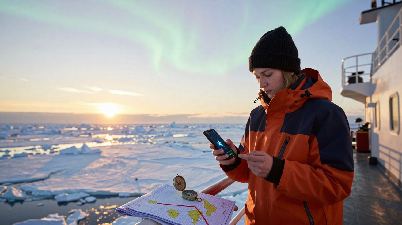 Pessoa com casaco laranja usa celular em navio ao pôr do sol no gelo com mapa e bússola na mão.