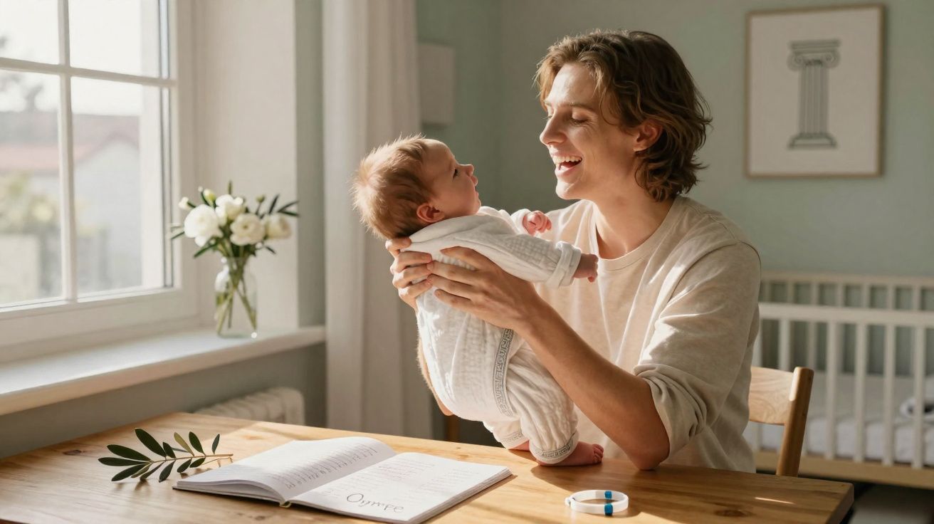 Mãe sorrindo enquanto segura bebê no colo perto de mesa com livro aberto em quarto iluminado.
