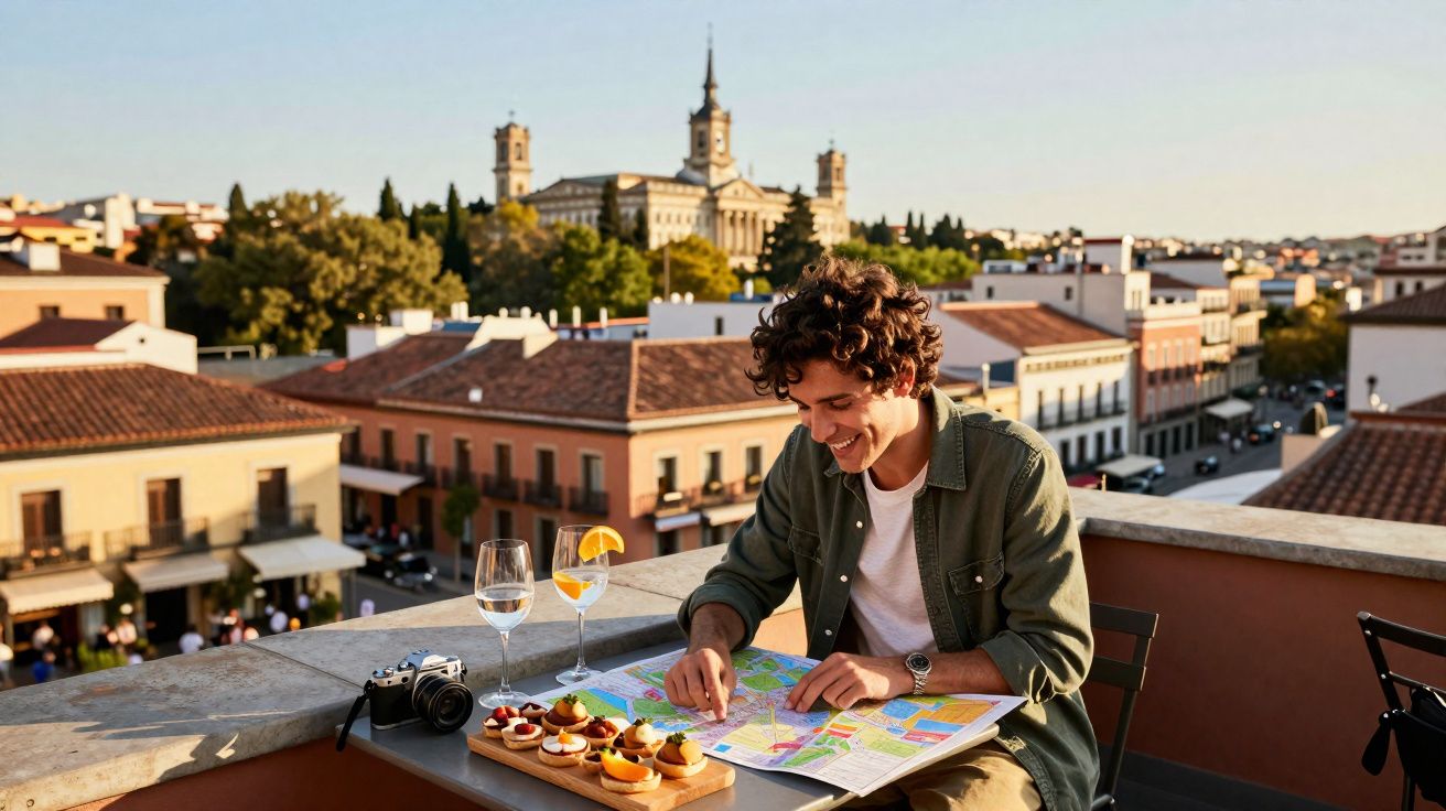 Homem sorridente sentado em varanda com petiscos, bebidas e mapa, com vista panorâmica de cidade ao fundo.
