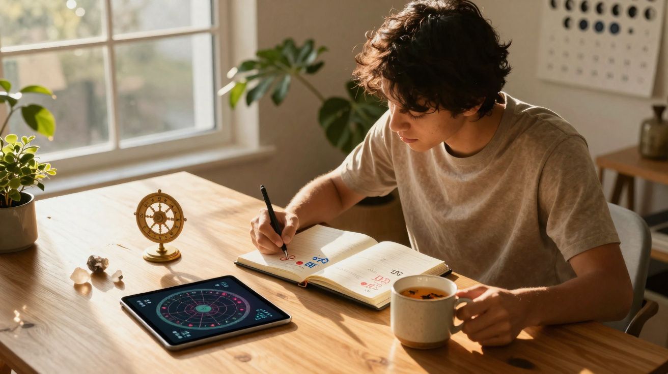 Jovem estudando astrologia em caderno, com tablet e xícara em mesa iluminada pela luz natural.