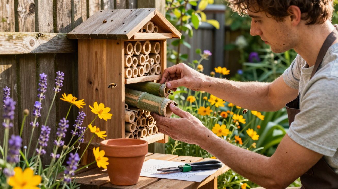 Homem instalando bambu em casa para abelhas em jardim com flores amarelas e roxas.