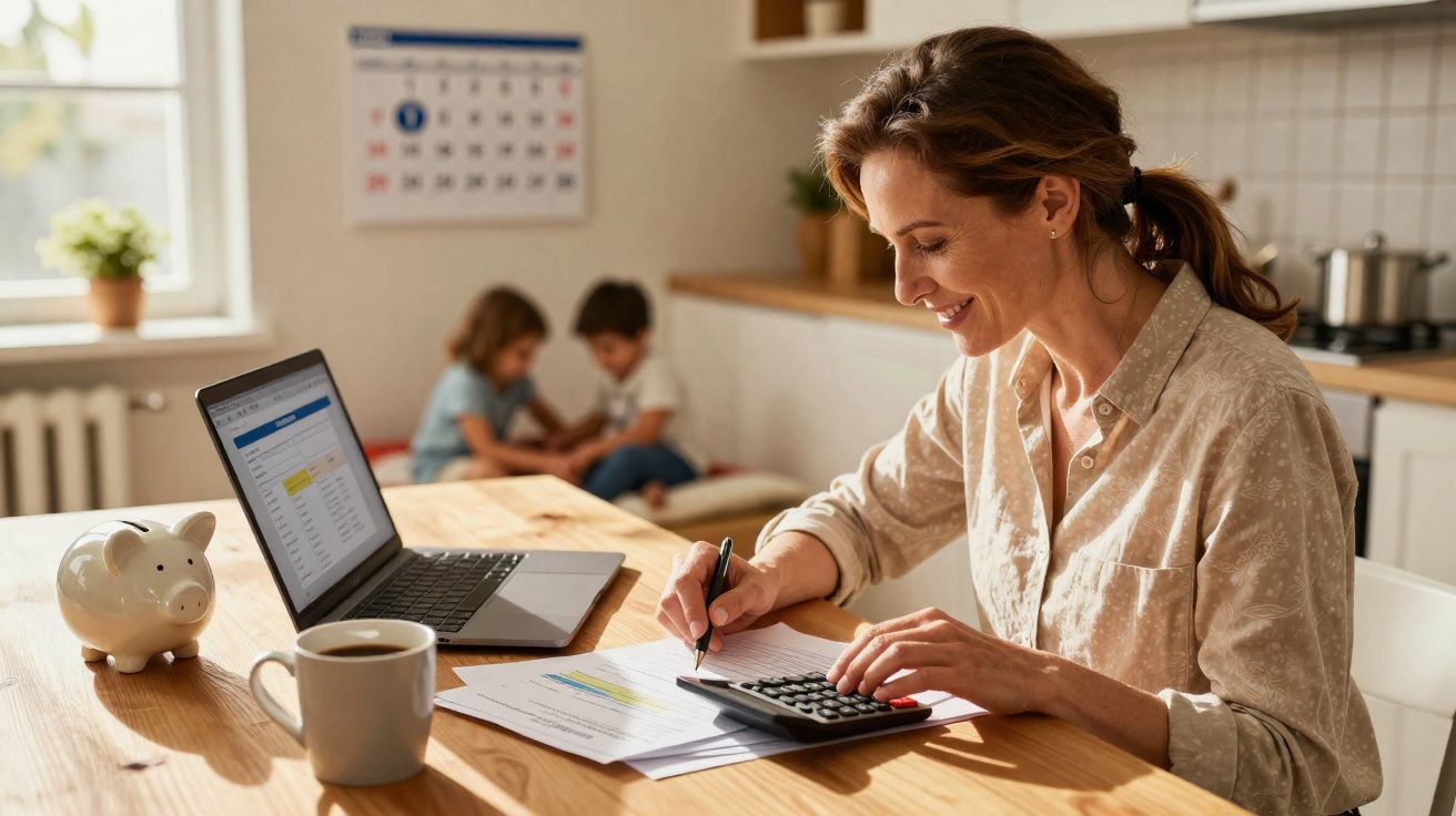 Mulher sorri enquanto faz contas em casa, com computador, cofrinho e crianças ao fundo.