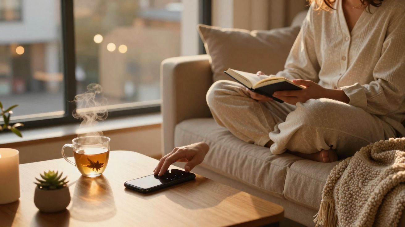 Pessoa sentada no sofá lendo livro e mexendo no celular com chá quente em mesa próxima.