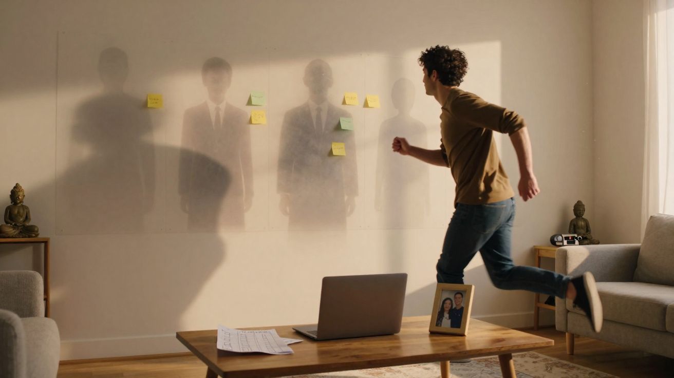 Homem correndo em direção a sombras de homens de terno projetadas na parede com post-its coloridos.