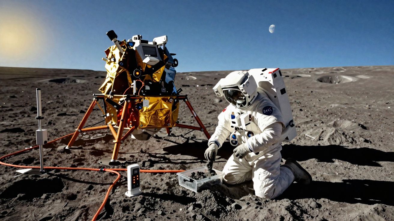Astronauta recolhendo amostras na superfície lunar perto de módulo de pouso dourado.
