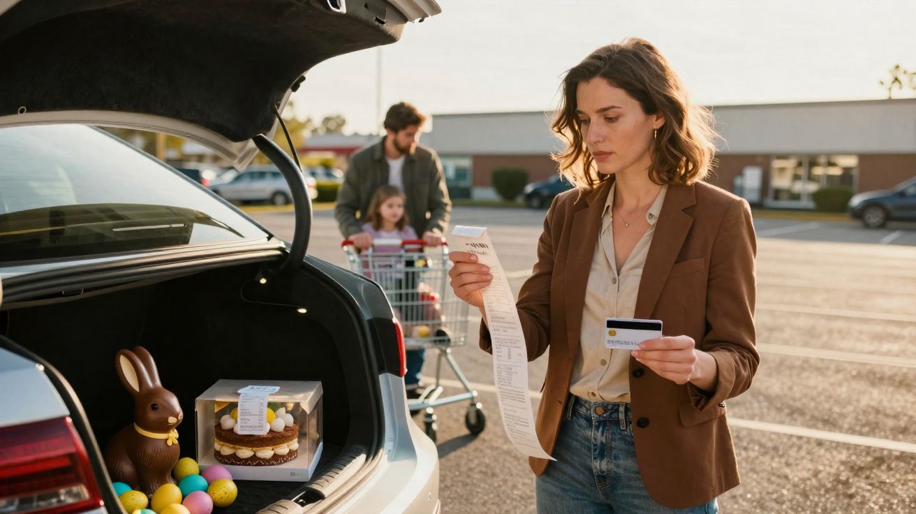Mulher conferindo nota fiscal e cartão ao lado do porta-malas aberto com bolo, ovo de Páscoa e coelho de chocolate.
