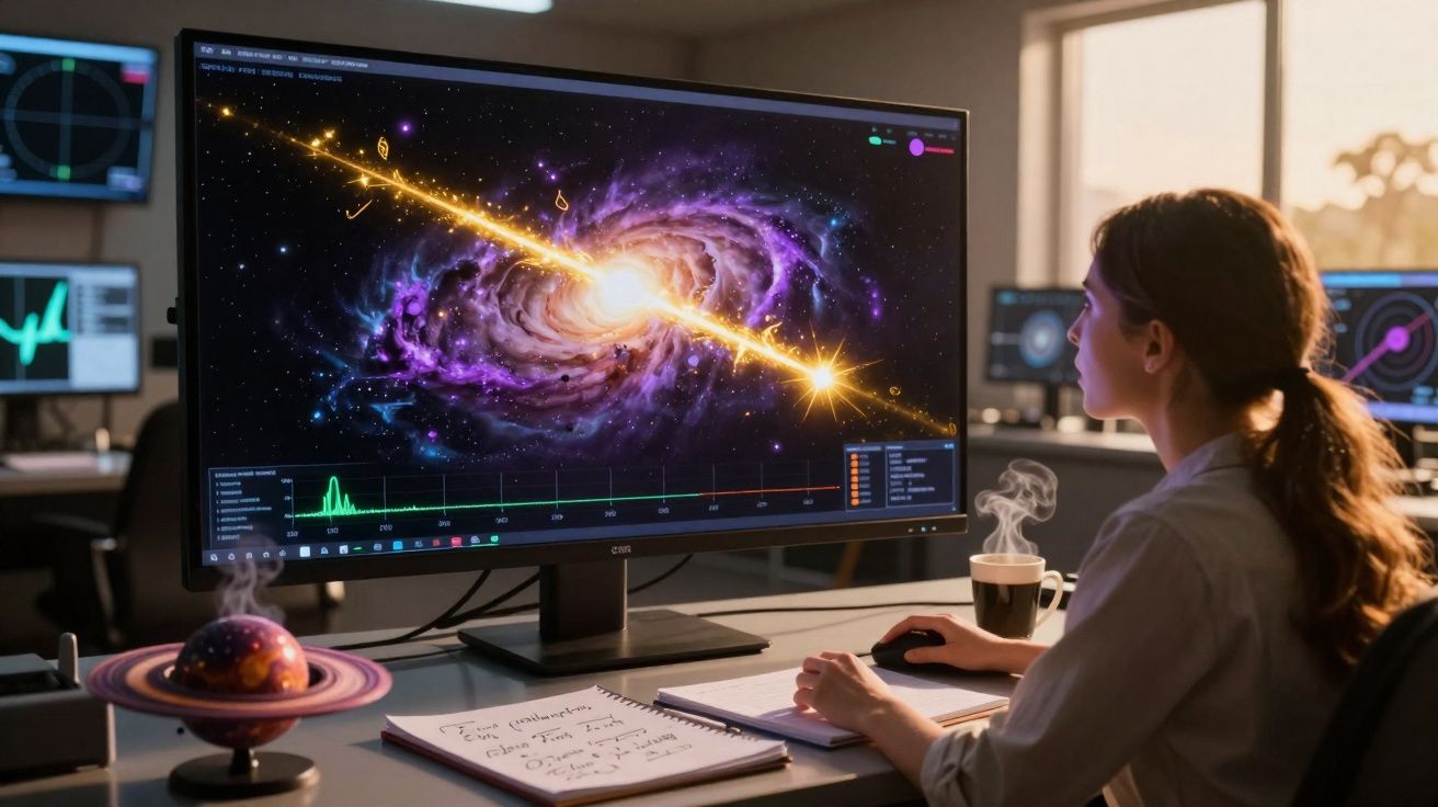 Mulher estudando imagem de galáxia com buraco negro em computador numa sala de controle científica.