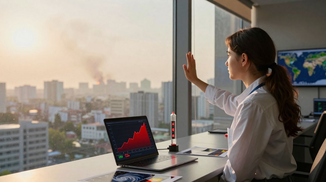 Mulher olhando pela janela de escritório com laptop exibindo gráfico de aumento de CO2.