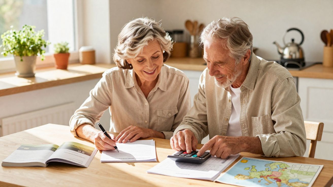 Casal idoso planejando finanças e viagem com calculadora e mapa na mesa da cozinha iluminada.