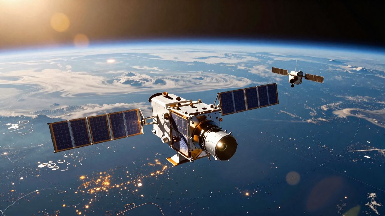 Satélite artificial com painéis solares orbitando a Terra, com luzes e nuvens visíveis abaixo.