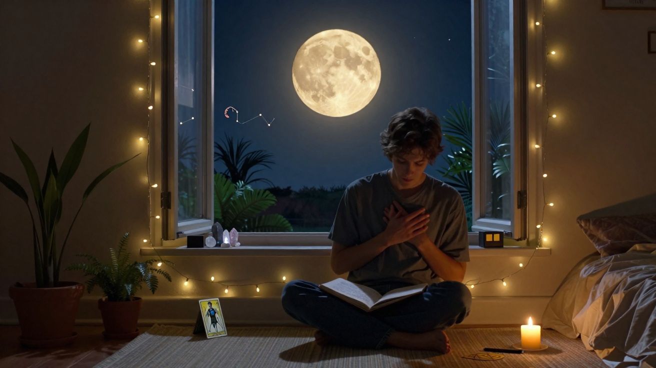 Pessoa sentada de pernas cruzadas lendo livro à luz de vela, com janela aberta para lua cheia e plantas ao redor.