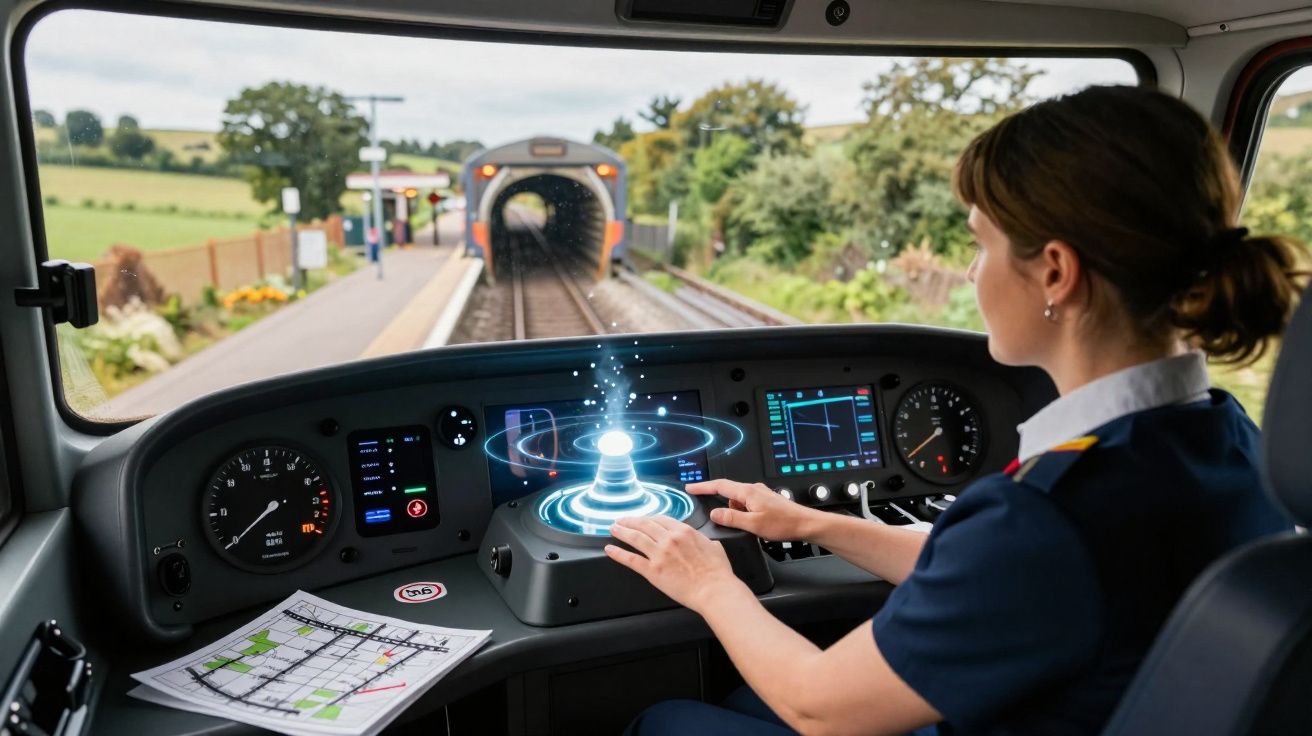 Mulher operando controles high-tech em cabine de trem com trilhos, sinais e túnel à frente.