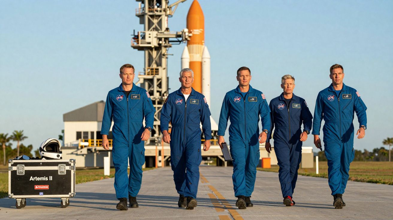 Cinco astronautas da NASA caminhando em frente a um foguete na plataforma de lançamento ao amanhecer.