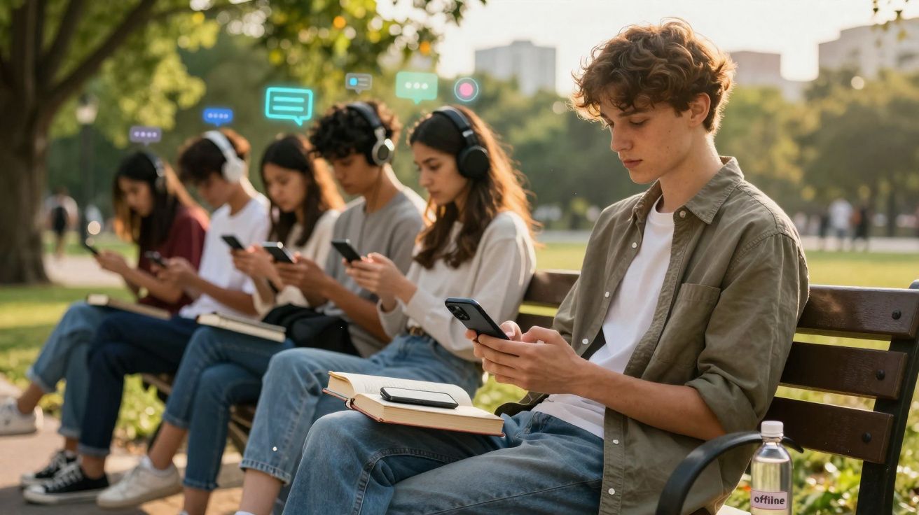 Jovens sentados em banco de parque, usando smartphones e fones, com livros e garrafa ao redor.