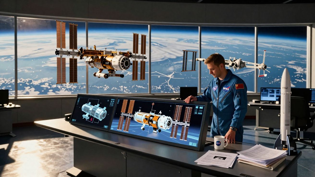 Homem com uniforme da NASA analisa modelo da Estação Espacial Internacional em sala futurista com visão do espaço.