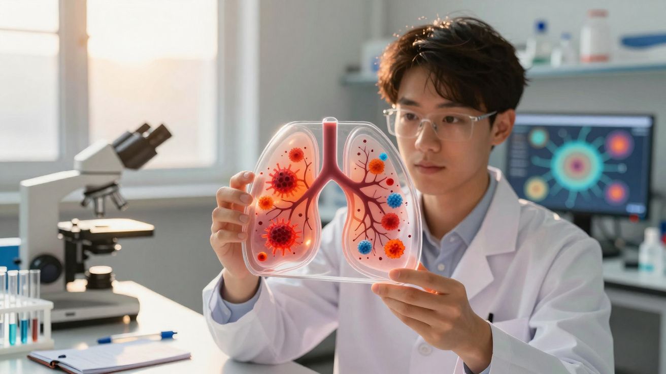 Homem cientista em laboratório segurando modelo transparente de pulmões com vírus coloridos.