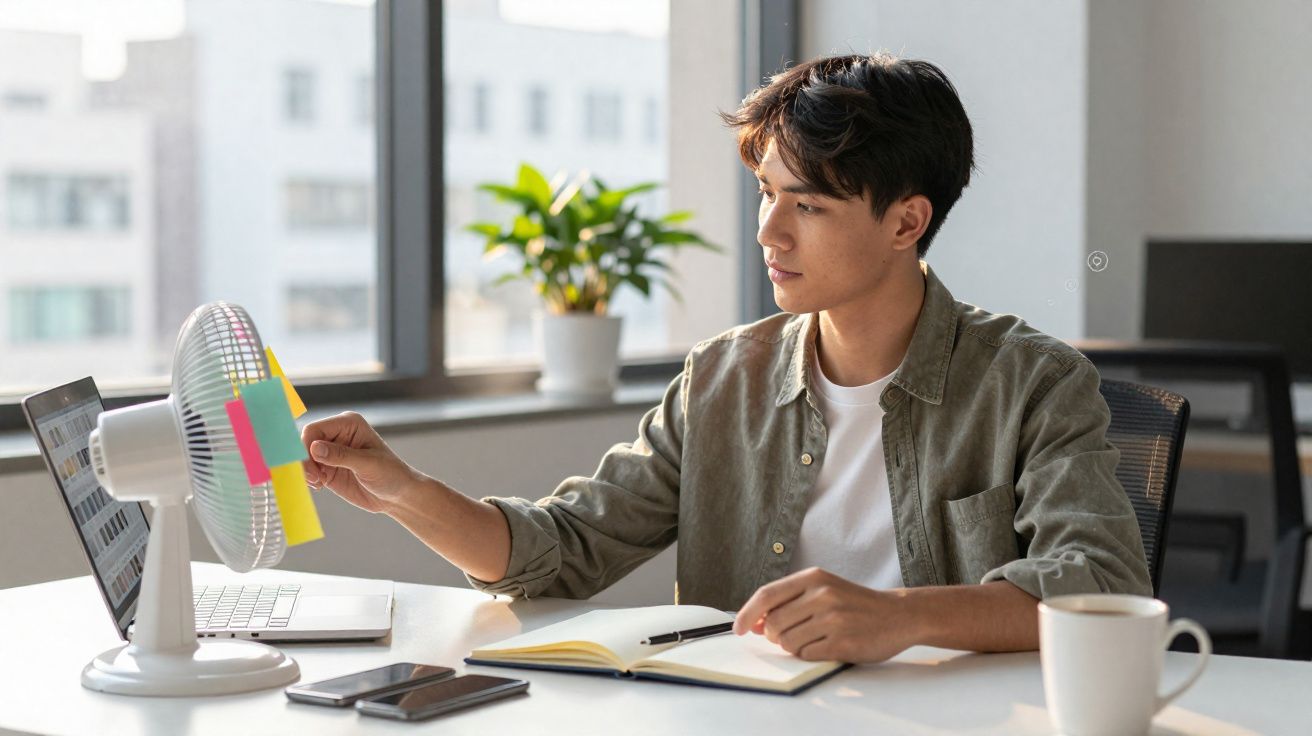 Jovem sentado em escritório com ventilador, laptop, caderno, celular e caneca, ajustando post-its no ventilador.