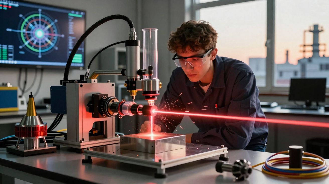 Jovem cientista usando óculos de proteção opera equipamento com laser em laboratório tecnológico moderno.
