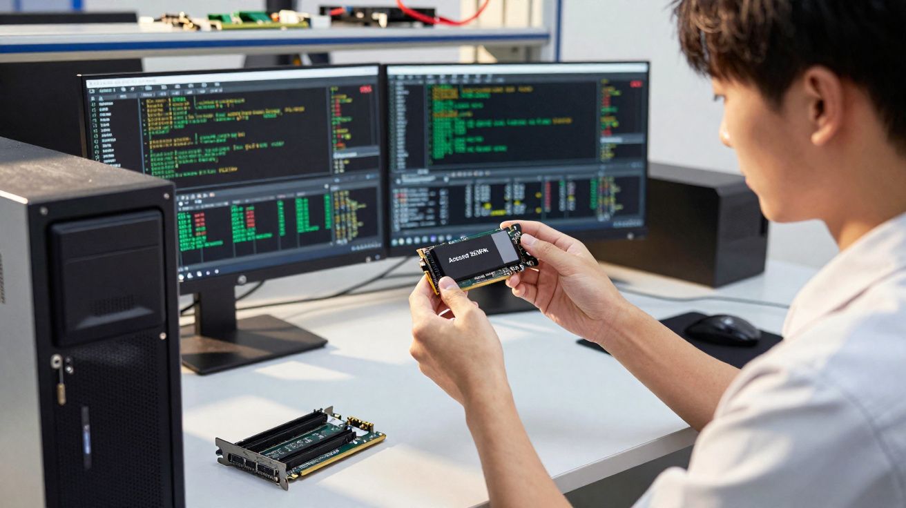 Pessoa segura componente de hardware na frente de dois monitores com códigos e desktop preto na mesa branca.