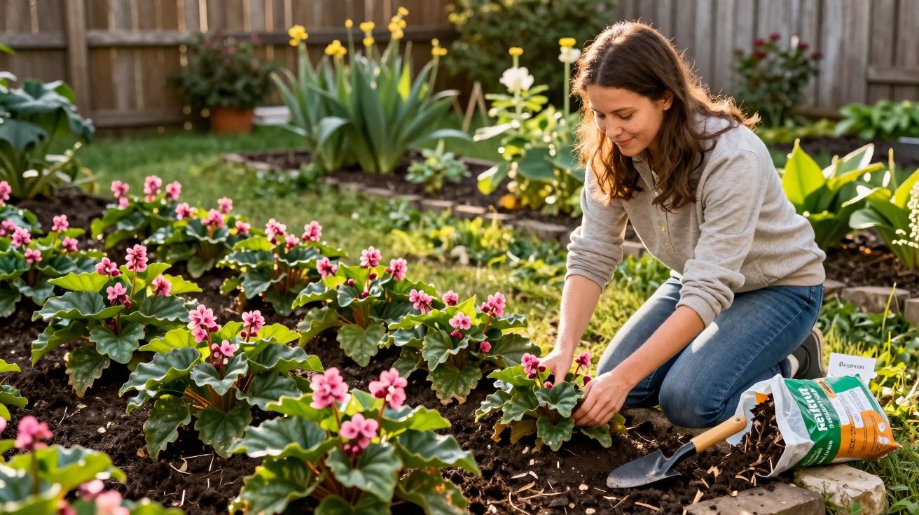 Mulher cuidando de flores rosas em um jardim ensolarado, com pá e saco de substrato ao lado.