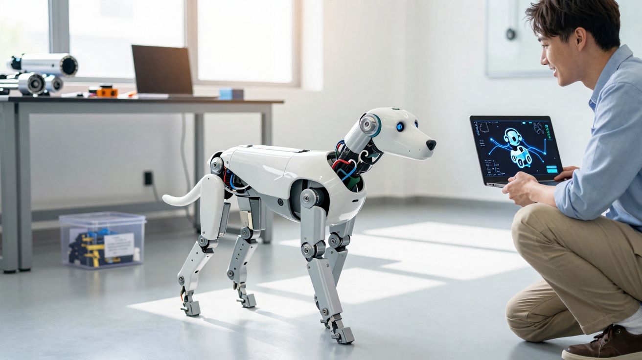 Homem sentado interage com cachorro robô em ambiente de laboratório tecnológico.