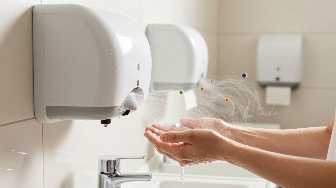 Secador automático de mãos funcionando em banheiro com mãos secas e gotas d'água.