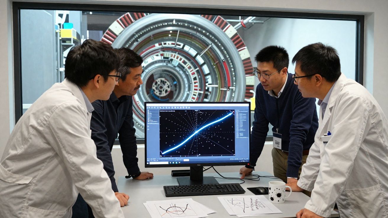 Quatro cientistas analisando gráfico de dados complexos em monitor, com equipamento de pesquisa ao fundo.