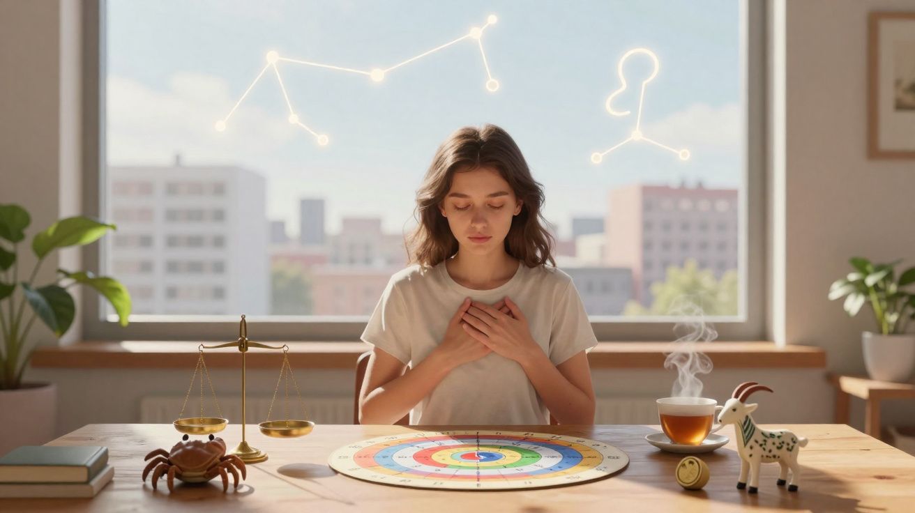 Jovem meditando com mãos no peito, rodeada por símbolos do zodíaco em ambiente iluminado e tranquilo.