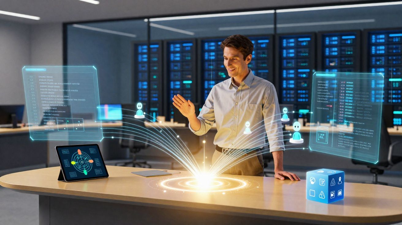 Homem interage com hologramas virtuais em mesa de escritório tecnológico com servidores ao fundo.