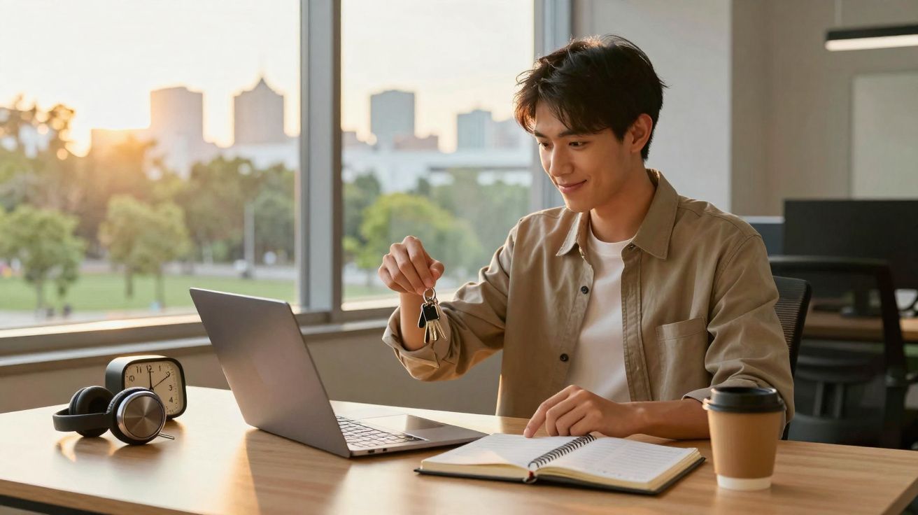 Jovem sorrindo, segurando chaves em frente a laptop, em escritório com vista para cidade ao pôr do sol.