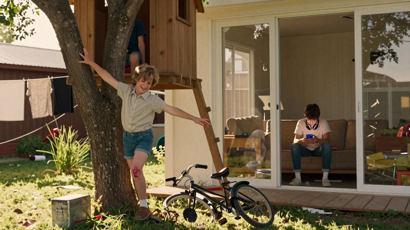 Criança brincando ao lado de bicicleta e casa na árvore com outra criança usando celular no sofá dentro de casa.