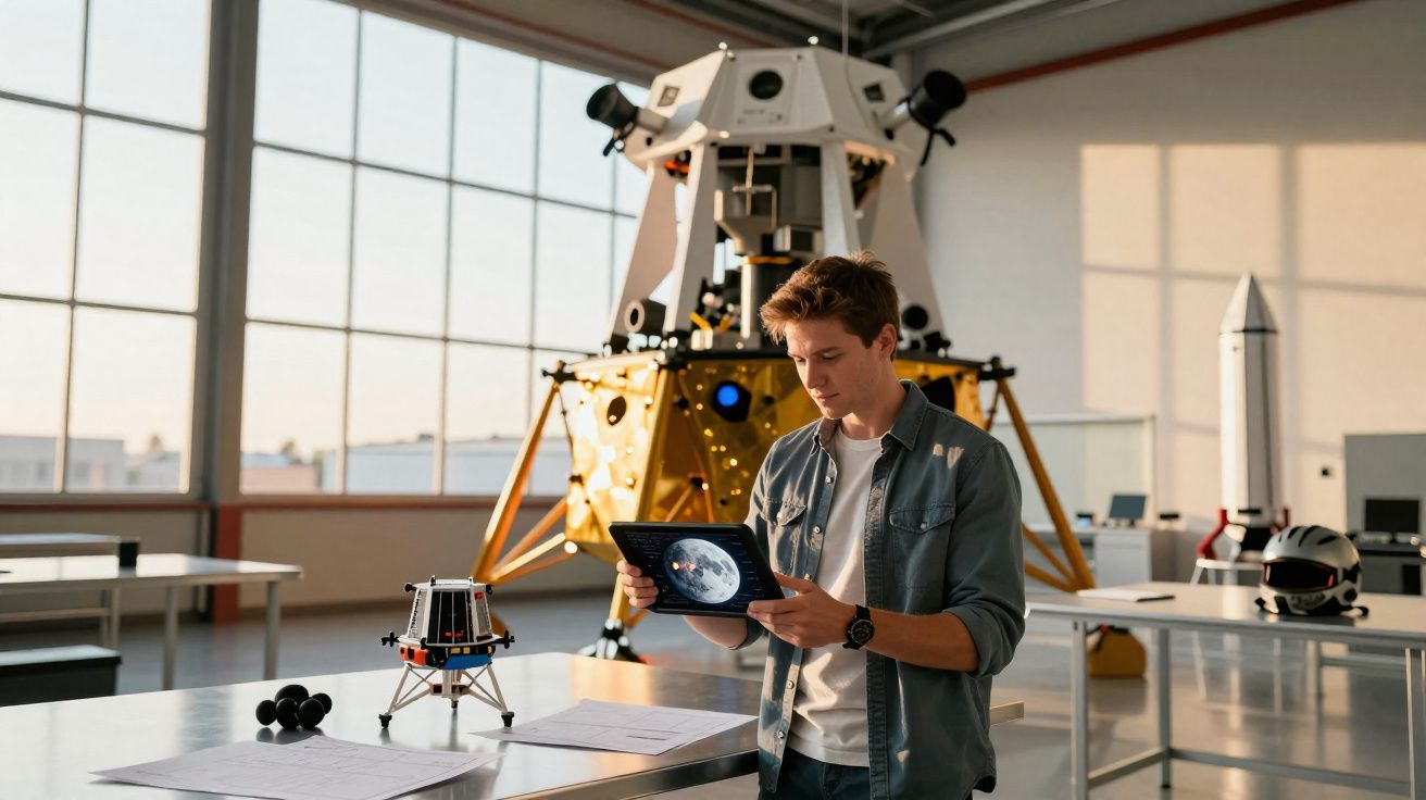 Jovem em laboratório espacial segurando tablet com imagem da lua, modelos de foguete e módulo lunar ao fundo.
