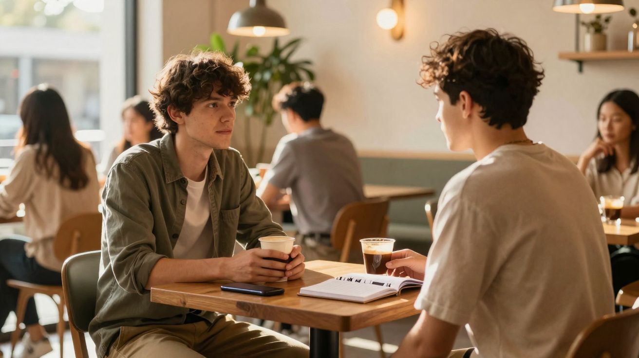 Dois jovens conversando em café, um segurando copo de papel e outro copo de vidro, com caderno aberto na mesa.