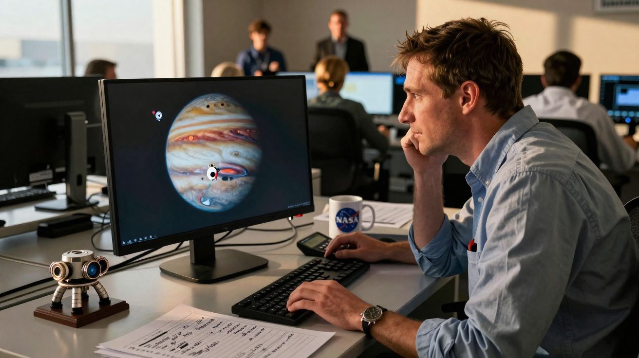 Homem analisando imagem de Júpiter em monitor de computador em escritório com equipe ao fundo.