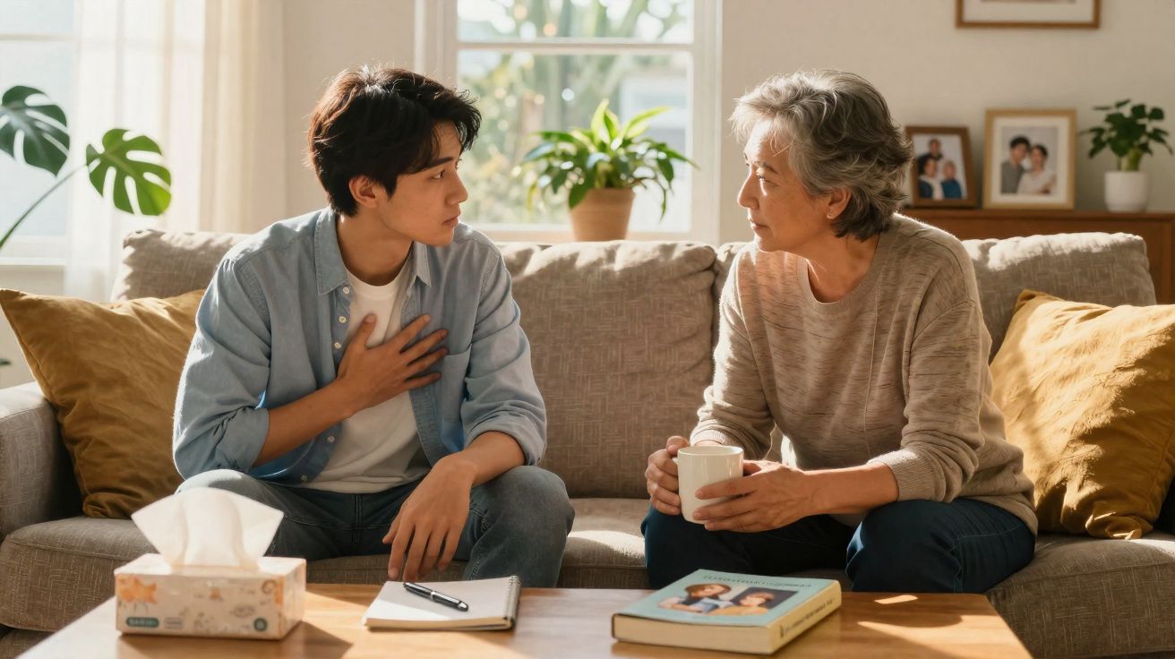 Jovem e idosa conversam sentados no sofá, com lenço e livro na mesa à frente em sala iluminada.