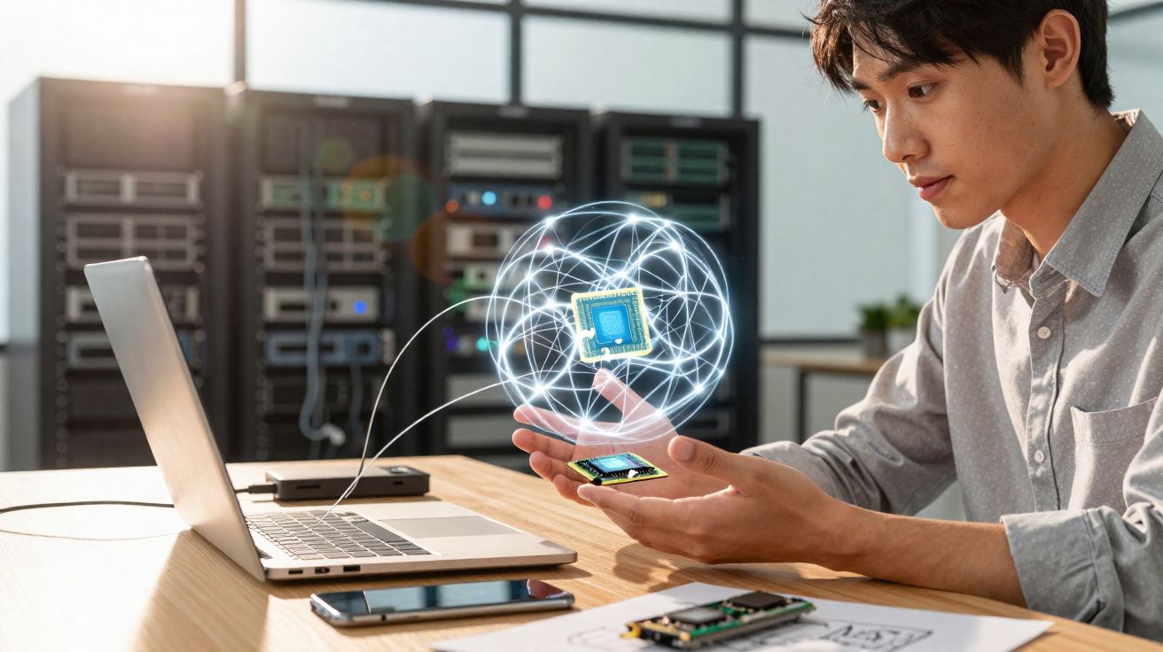 Homem observando chip holográfico flutuante sobre computador em ambiente tecnológico moderno.