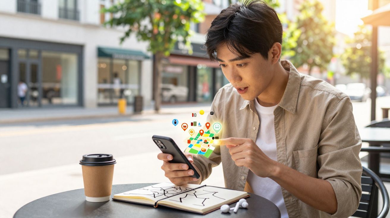 Homem jovem sentado ao ar livre usando smartphone para navegação digital, com mapas e ícones flutuantes.